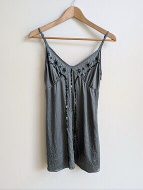 Y2K Jacob 100% Silk Babydoll Spaghetti Strap Sequin Cami Top Blue Green Small